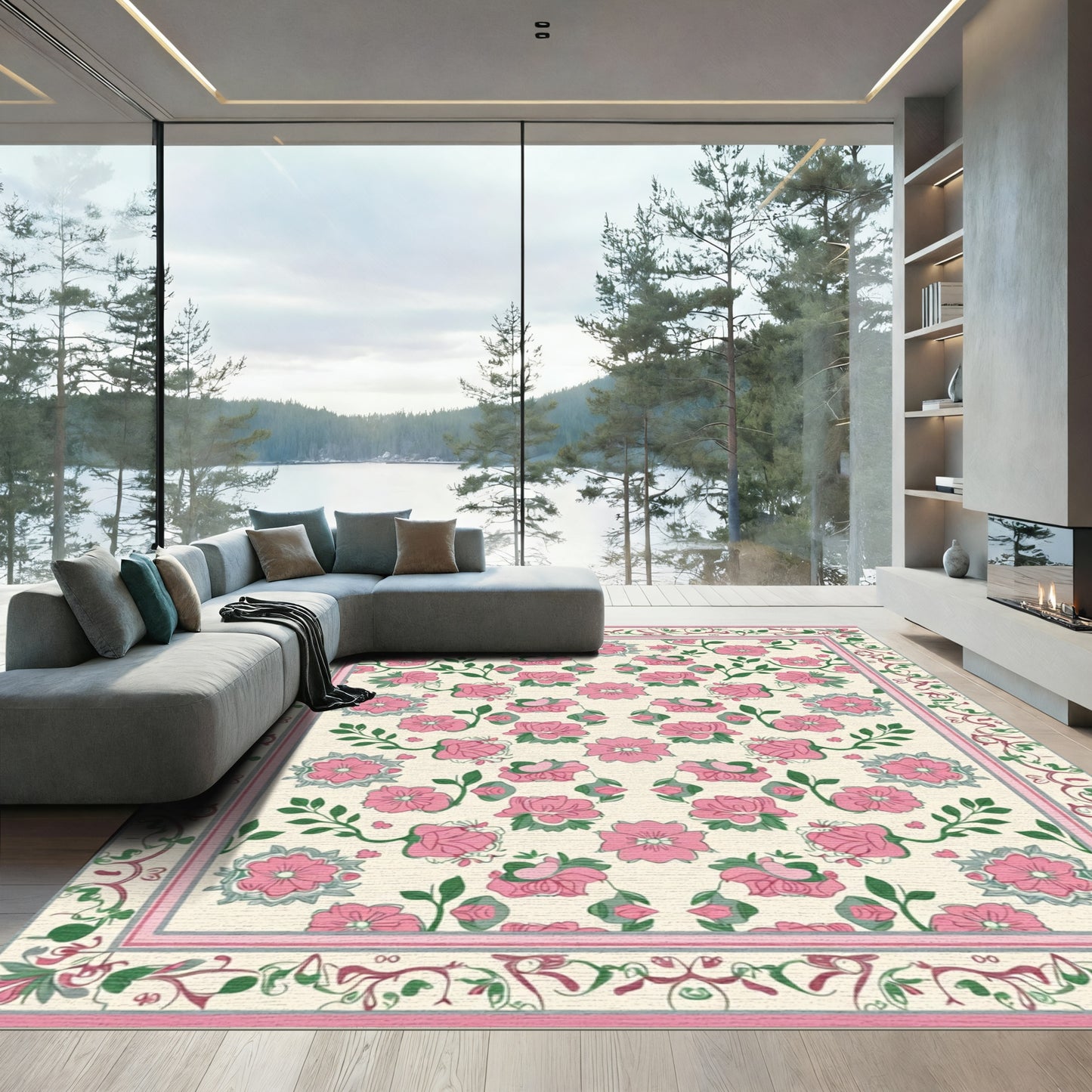 Pink Blossoms and Vine Borders Rug
