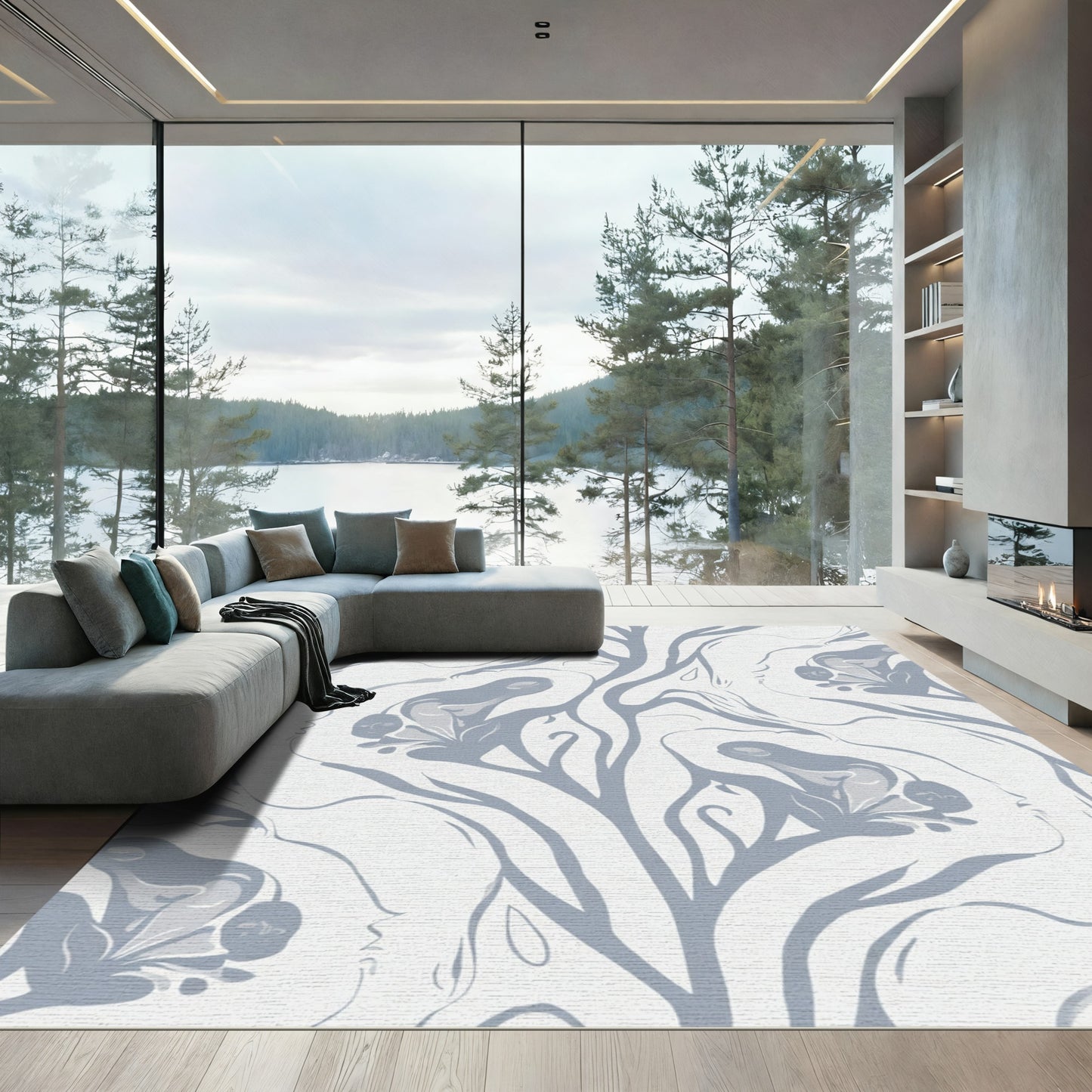 Soft Blue Floral Branch Strokes Rug