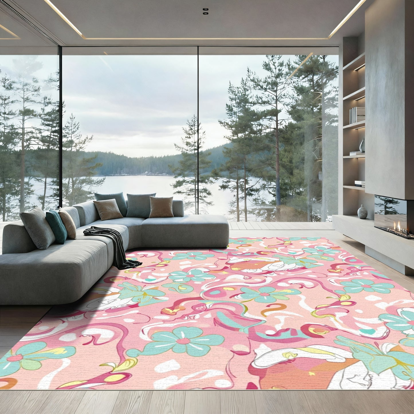 Retro Pink Aqua Floral Swirl Rug