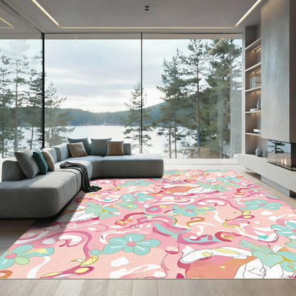 Retro Pink Aqua Floral Swirl Rug