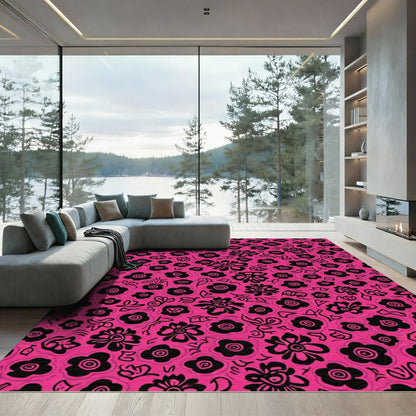 Vibrant Pink Black Floral Bloom Rug