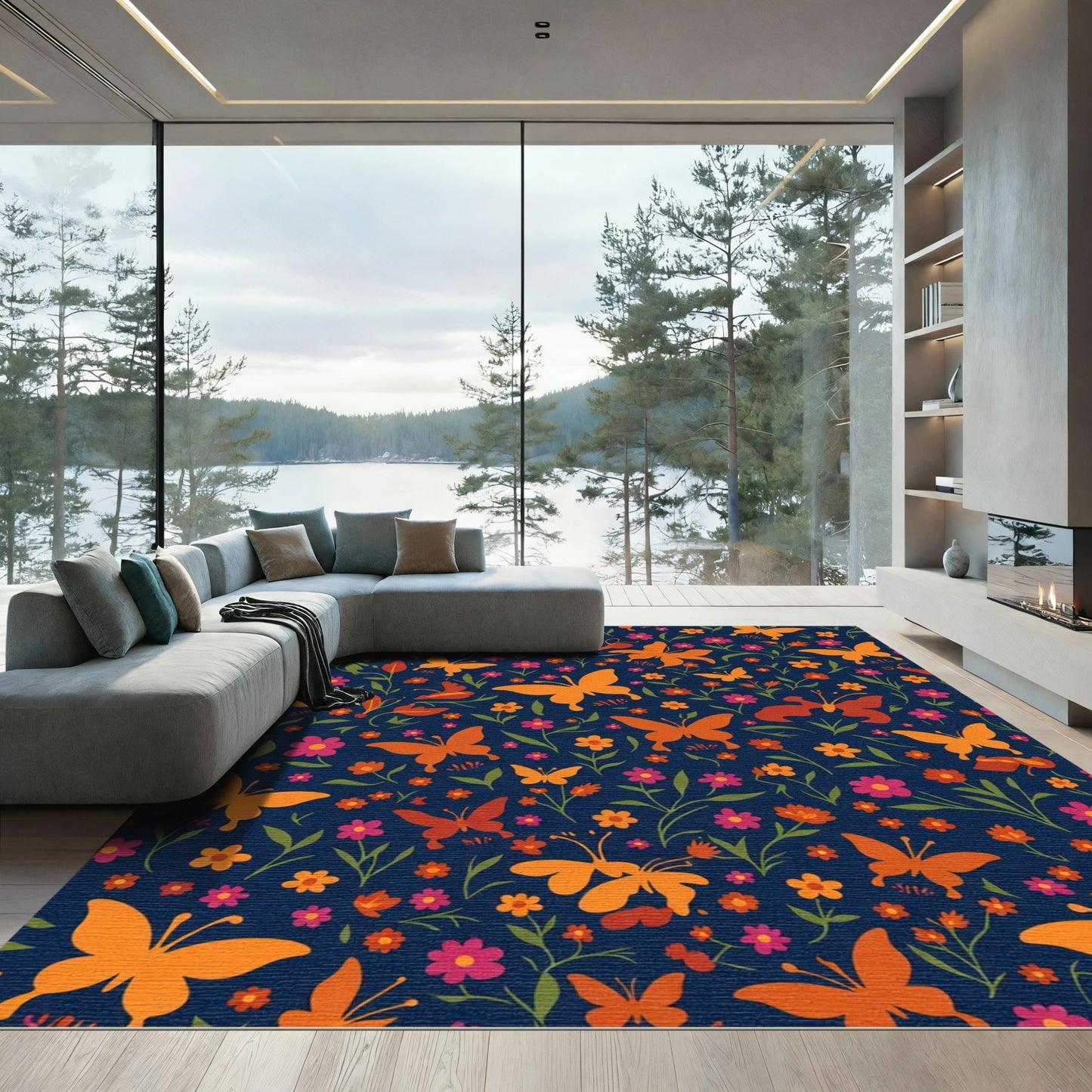 Orange Butterfly Floral Garden Dark Rug