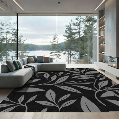 Monochromatic Gray Leafy Branch Pattern Rug