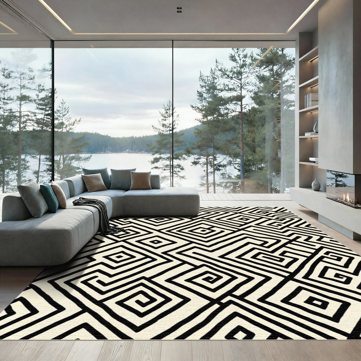 Black Cream Geometric Maze Rug