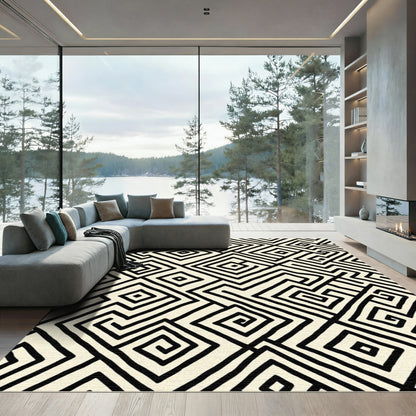 Black Cream Geometric Maze Rug