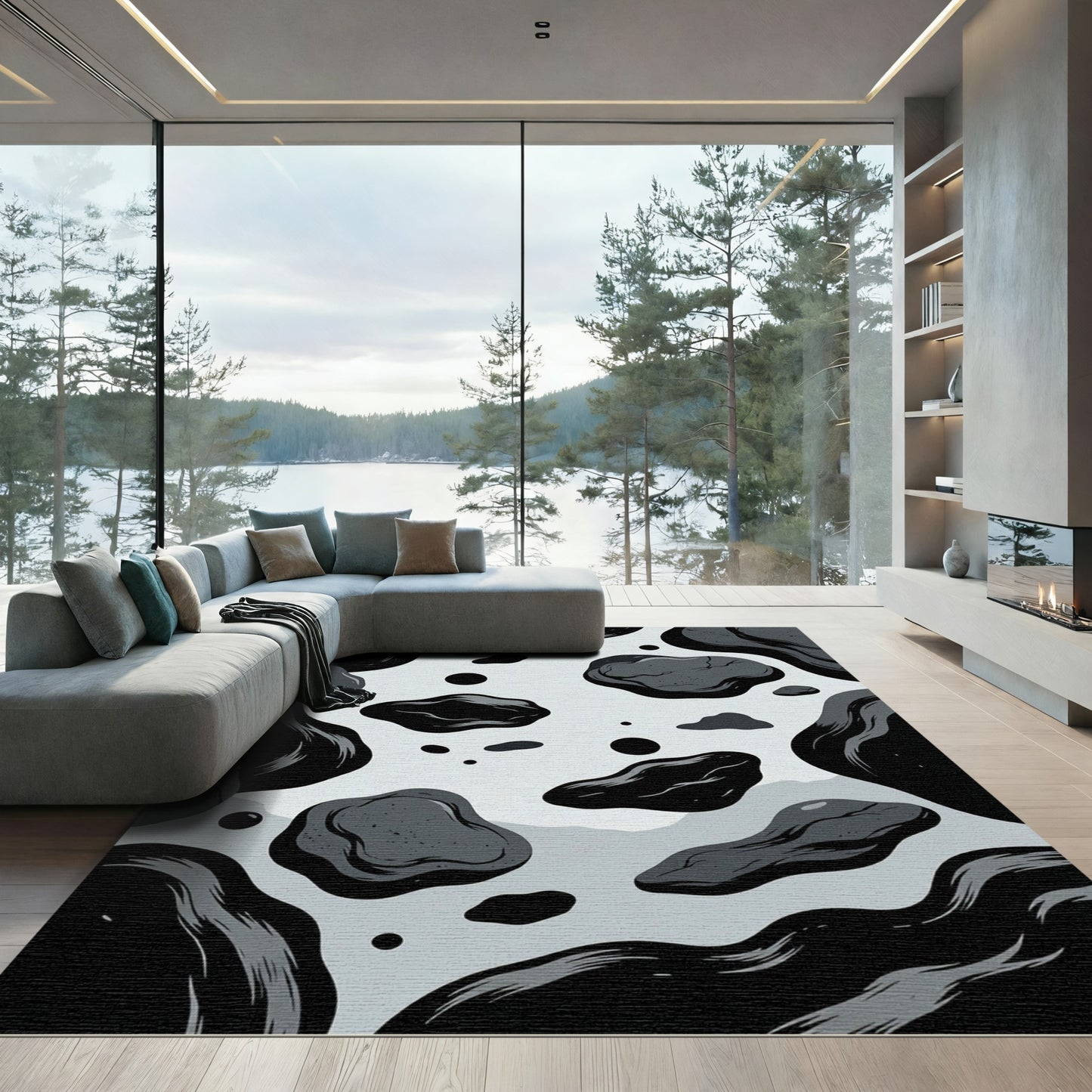 Monochromatic Ink Splatter Irregular Shapes Rug