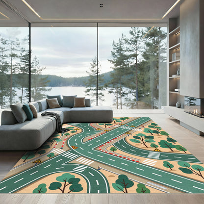 Illustrated Green Road Traffic Play Map Rug