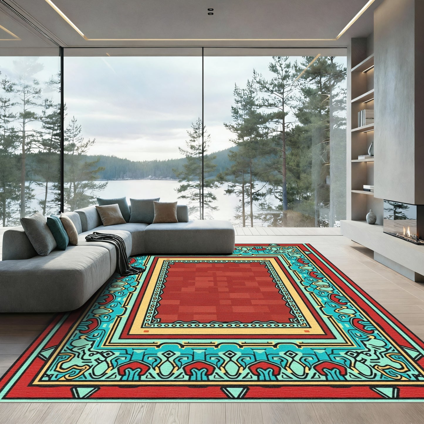 Red Brick Border Medallion Rug