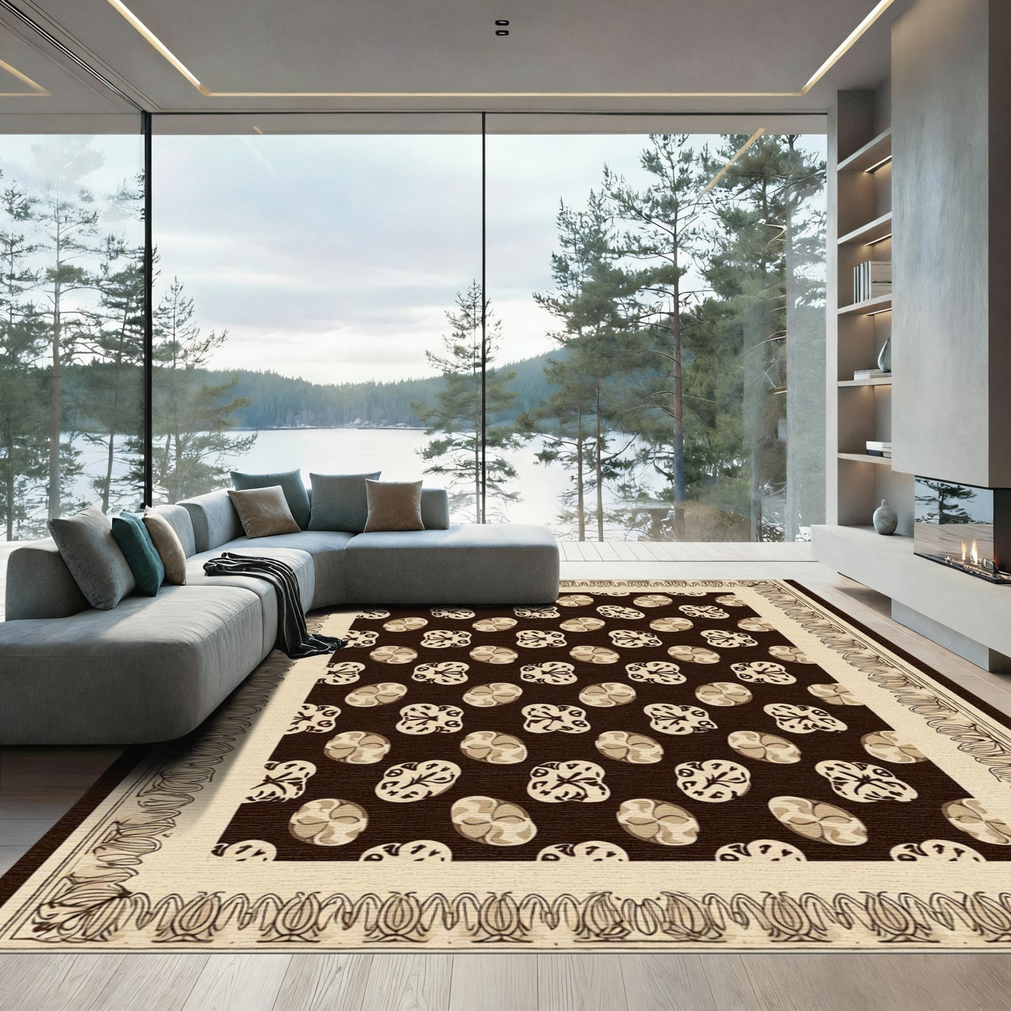 Brown Tan Oval Floral Border Rug