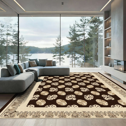 Brown Tan Oval Floral Border Rug