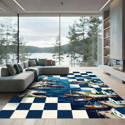 Coastal Harbor Nautical Checkerboard Scene Rug