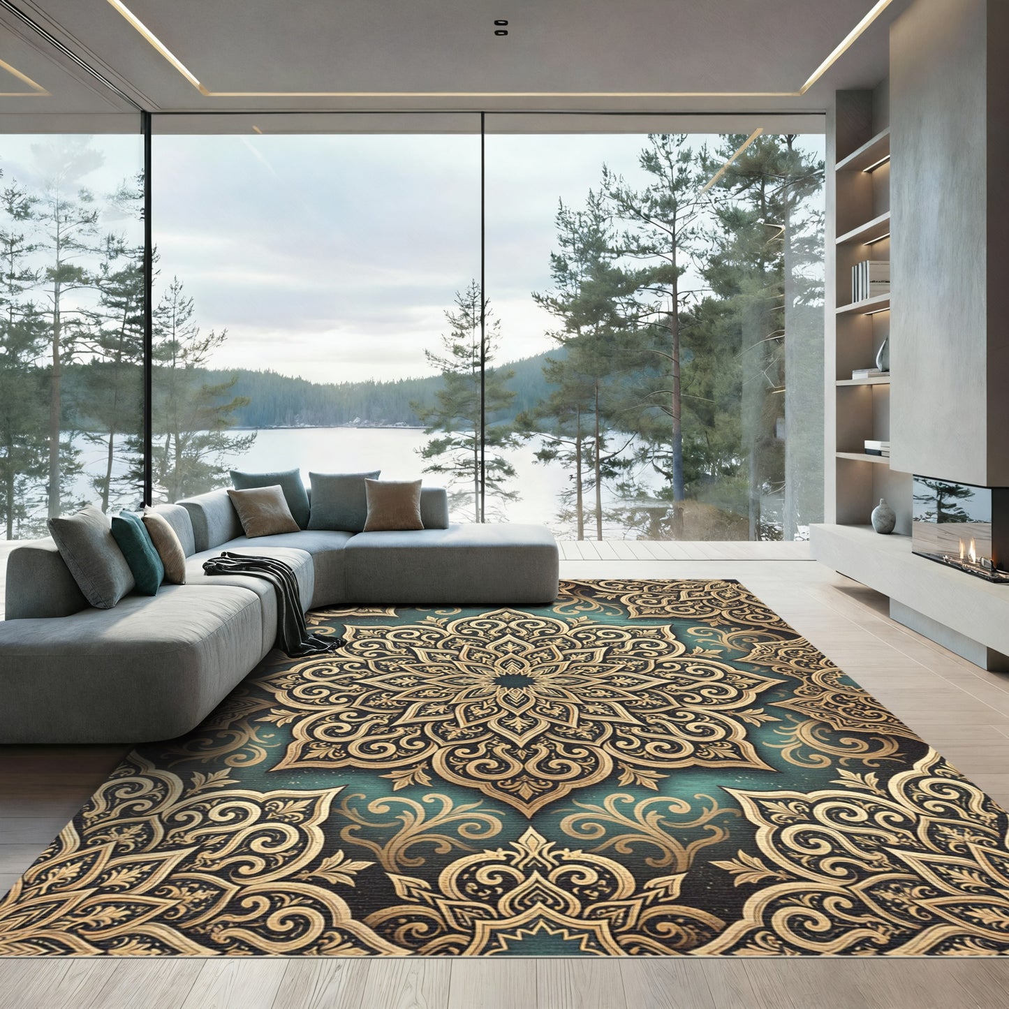 Luxurious Teal Gold Filigree Medallion Rug