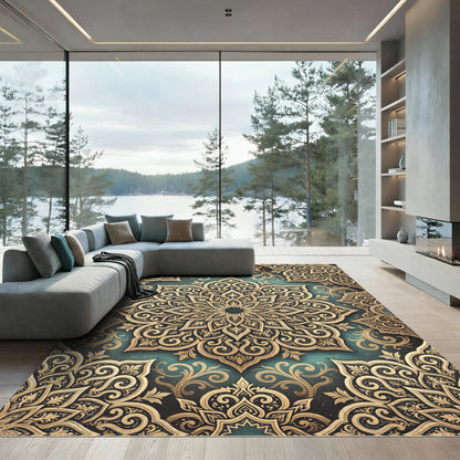 Luxurious Teal Gold Filigree Medallion Rug