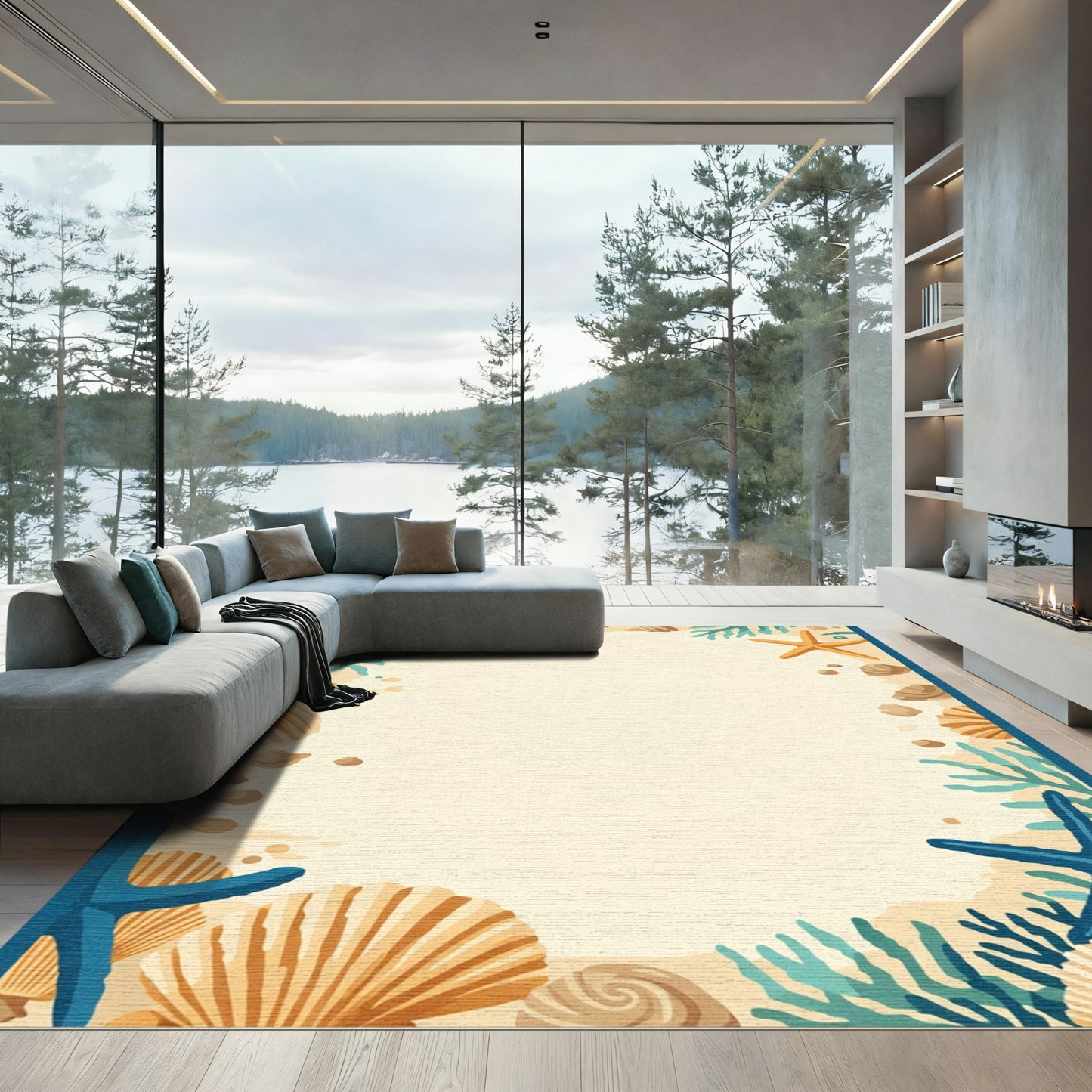 Coastal Sand Seashell Starfish Coral Border Rug