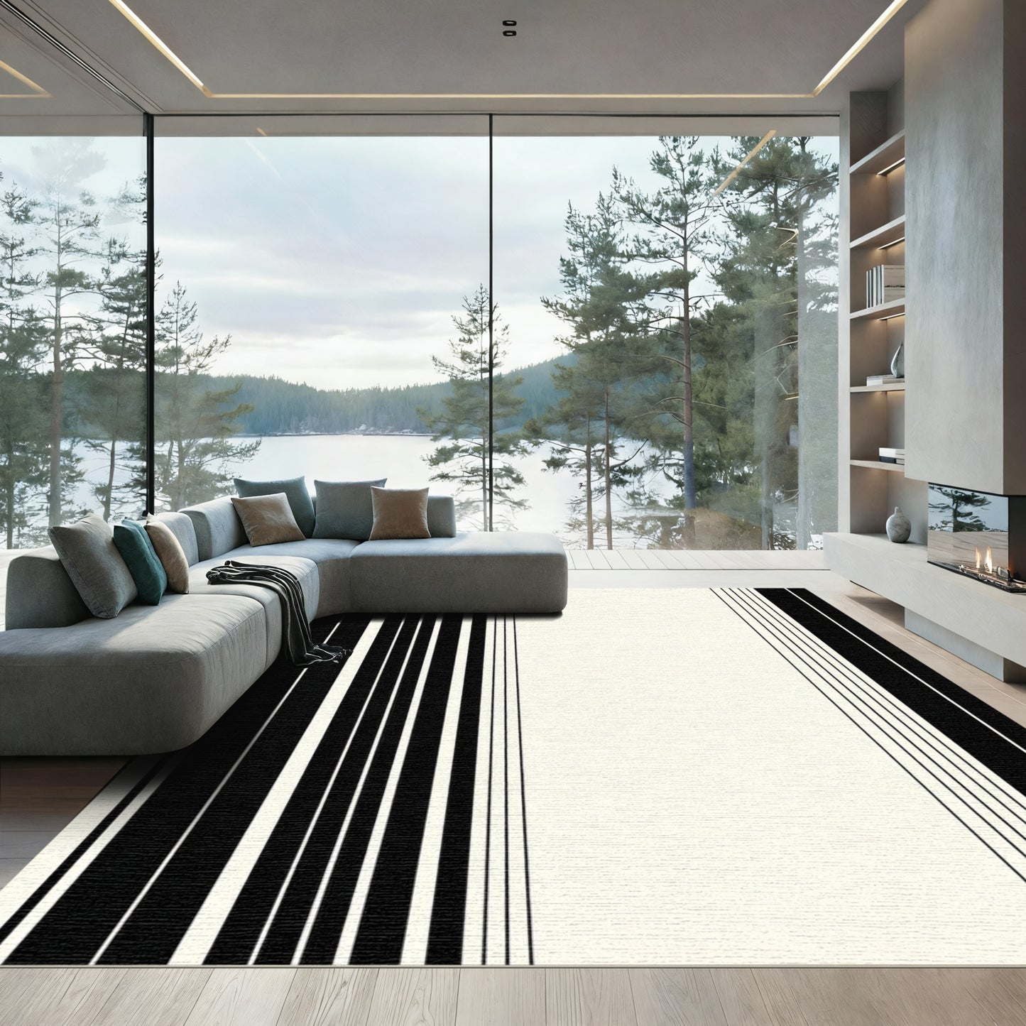 Modern Black Ivory Linear Arrangement Rug