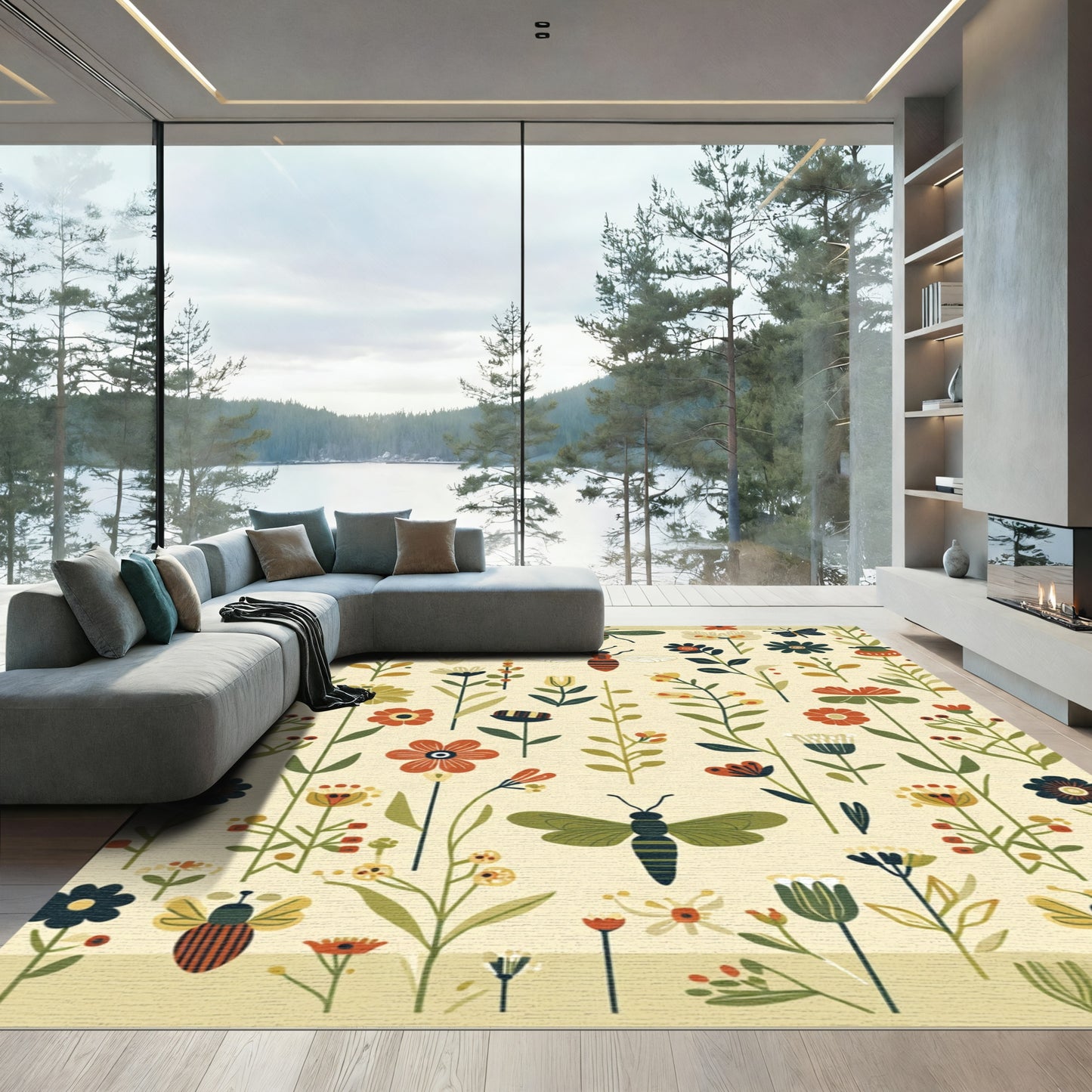 Whimsical Folk Art Botanical Butterfly Rug