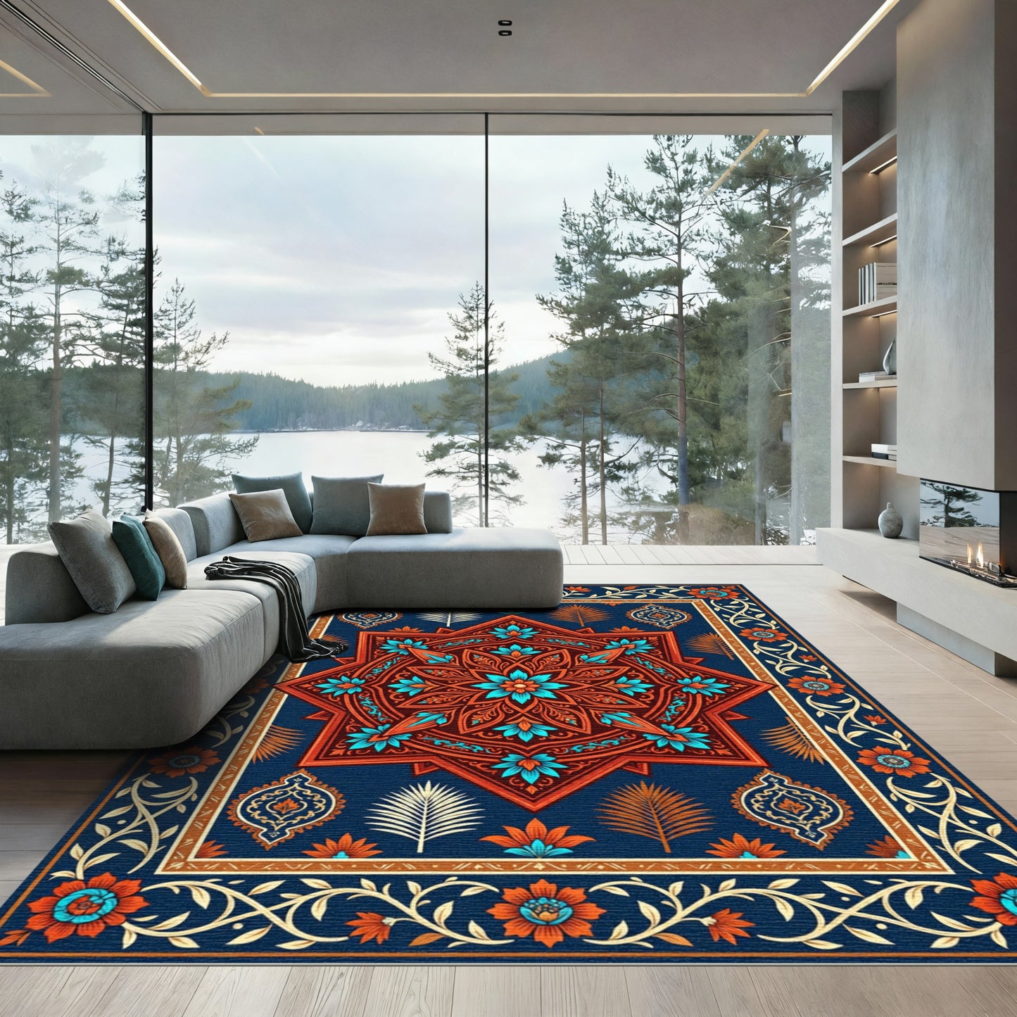 Ornate Teal Orange Floral Star Rug