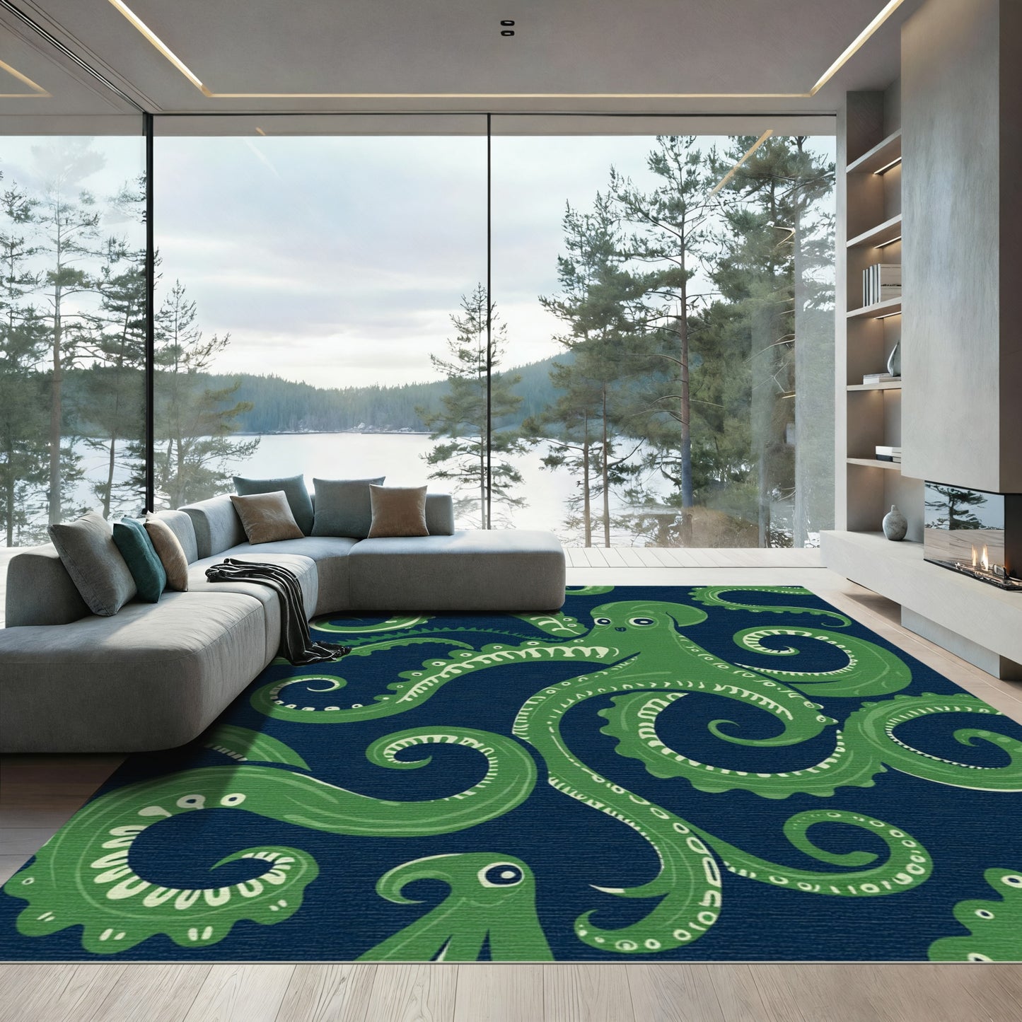 Whimsical Green Octopus Navy Swirl Rug