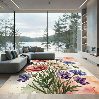 Watercolour Poppy and Cornflower Bouquet Rug