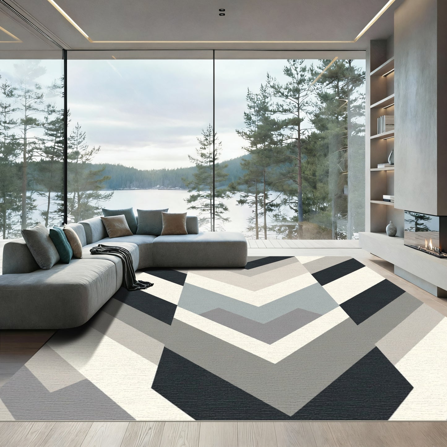 Modern Gray Chevron Geometric Abstract Rug
