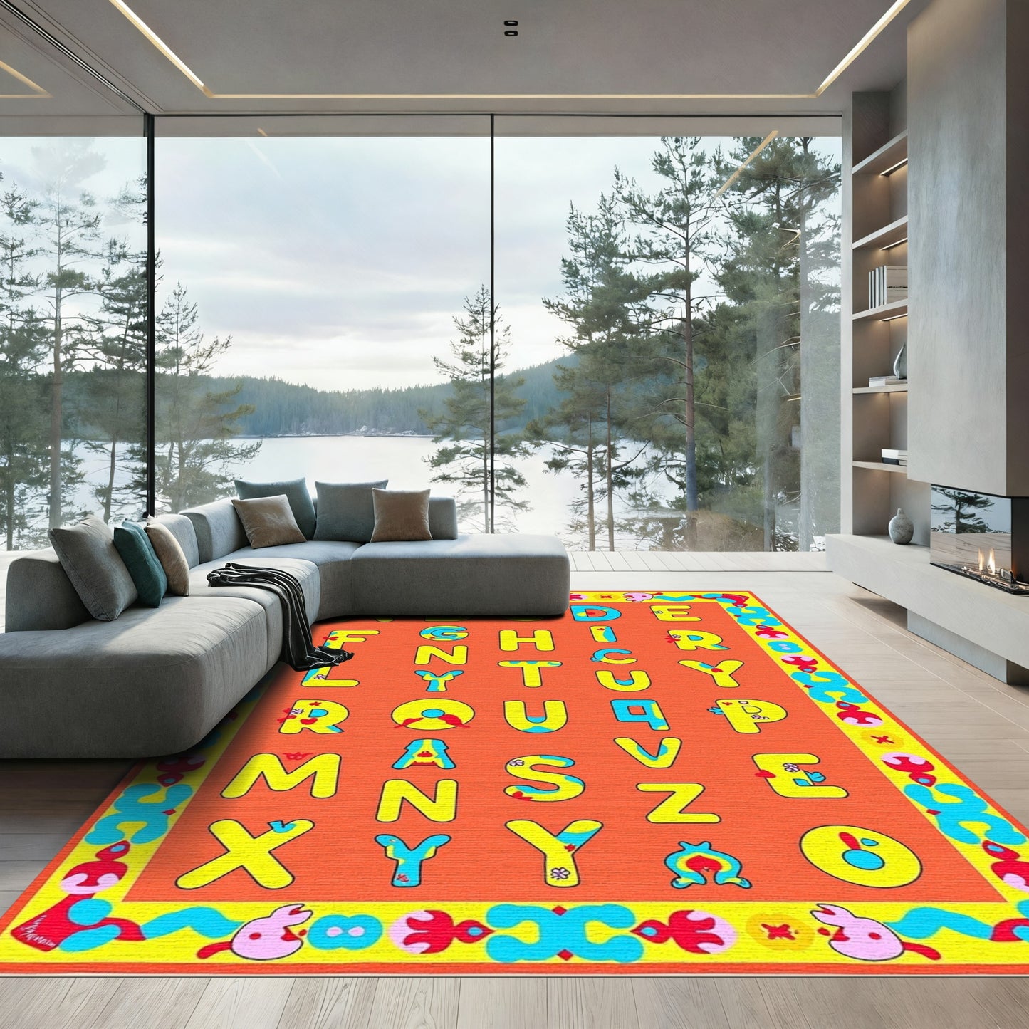 Bright Yellow Alphabet Letters Orange Rug