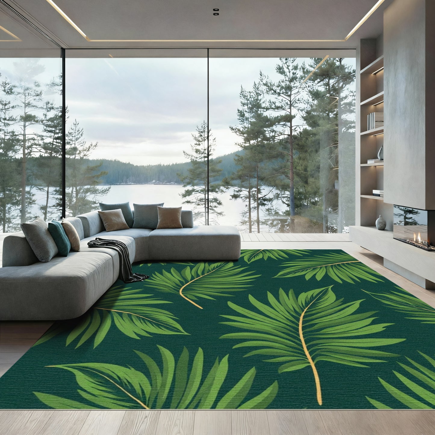 Emerald Green Tropical Palm Leaf Rug