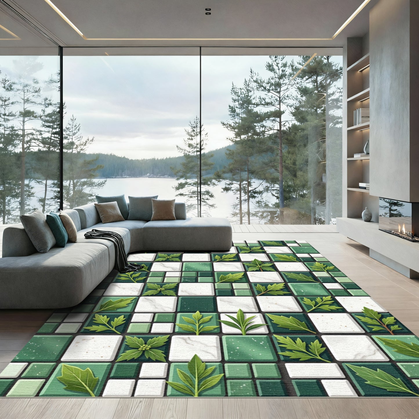 Emerald Leaf Mosaic Square Rug