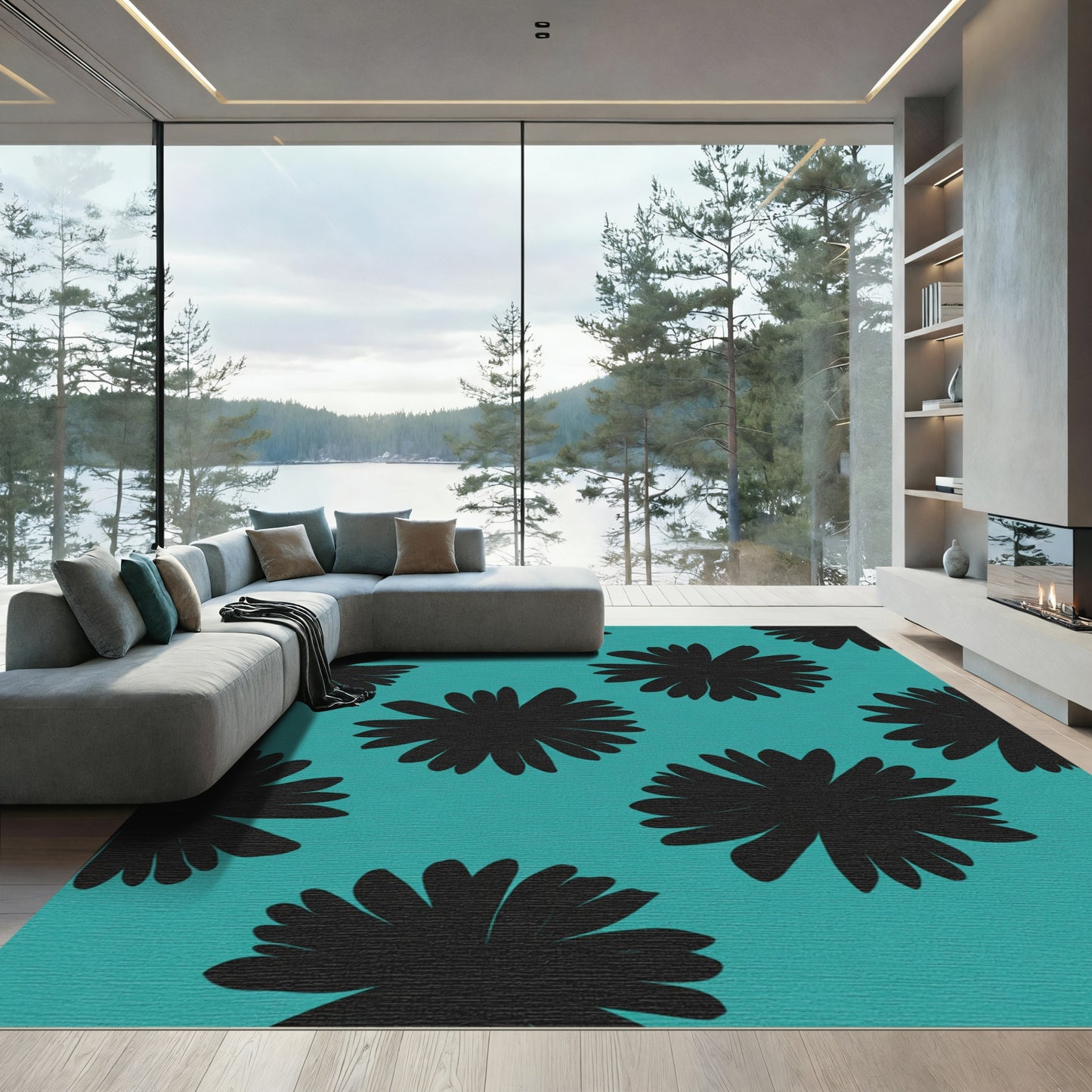 Black Floral Silhouette Teal Rug