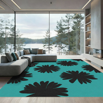 Black Floral Silhouette Teal Rug