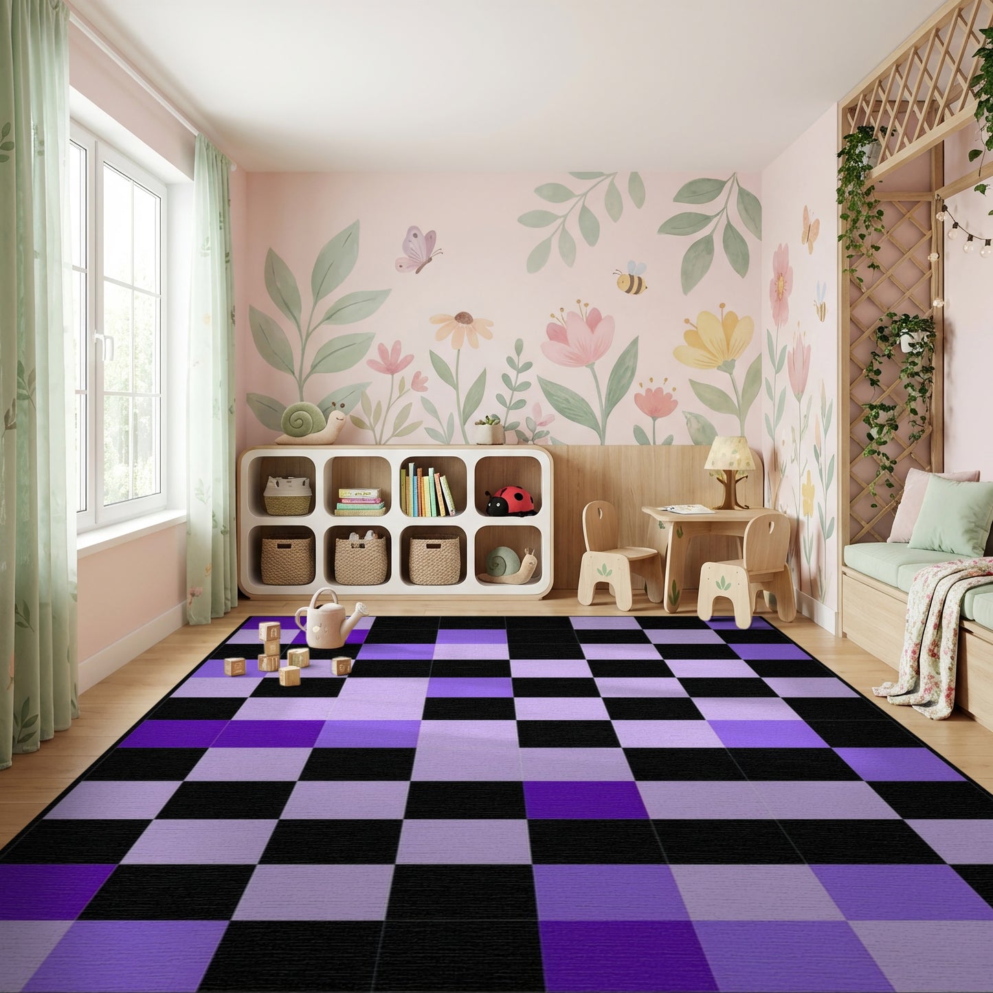 Purple Black Tonal Grid Rug