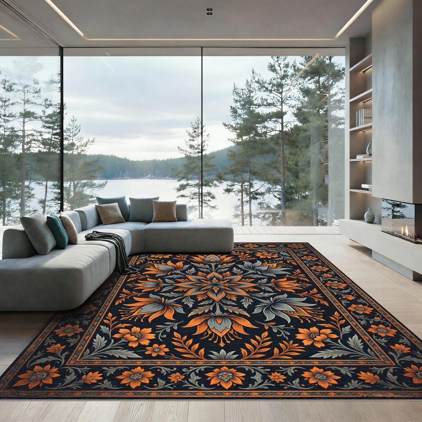 Ornate Charcoal and Tangerine Floral Medallion Rug