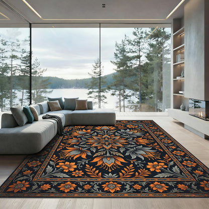 Ornate Charcoal and Tangerine Floral Medallion Rug