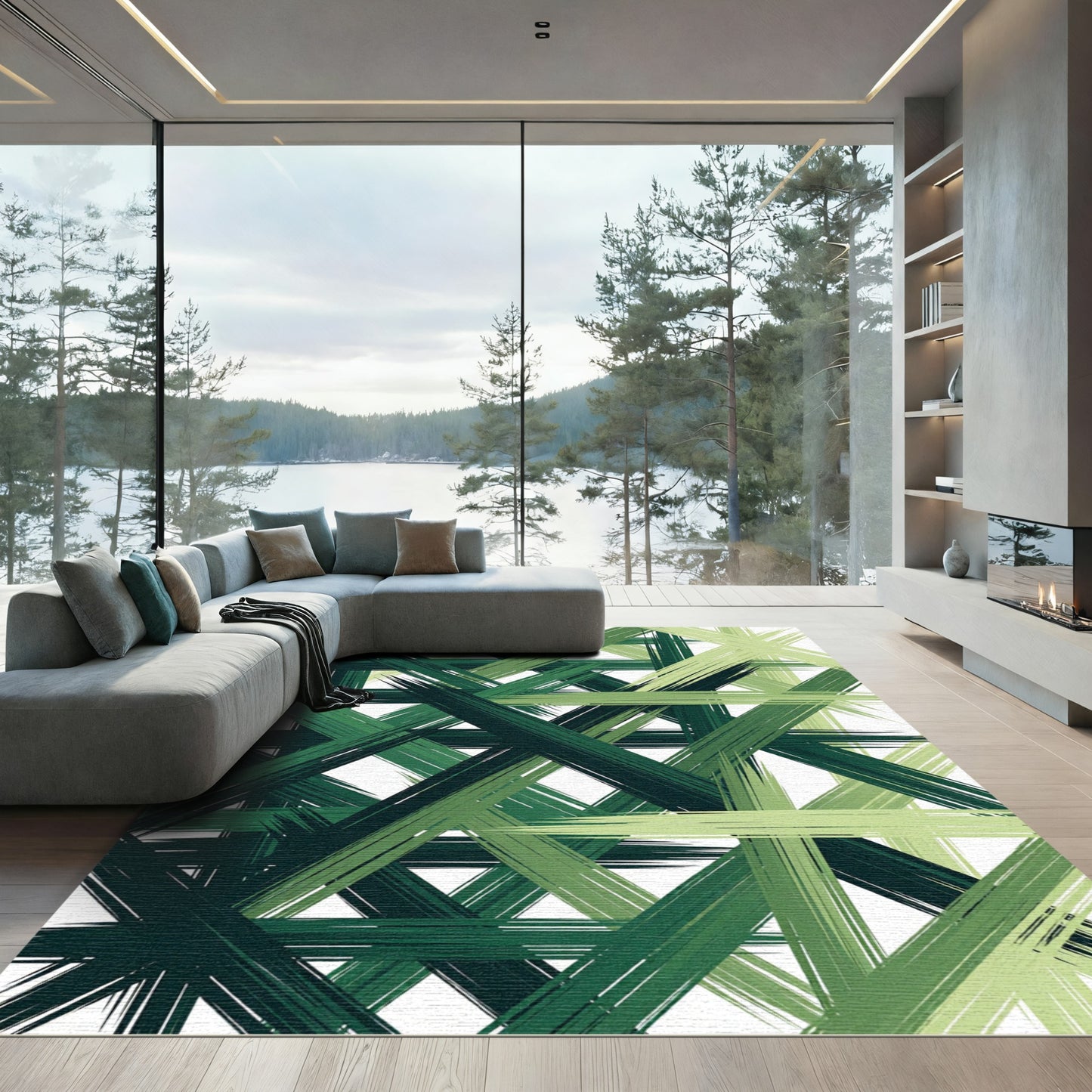 Verdant Crossed Brushstroke Abstract Rug