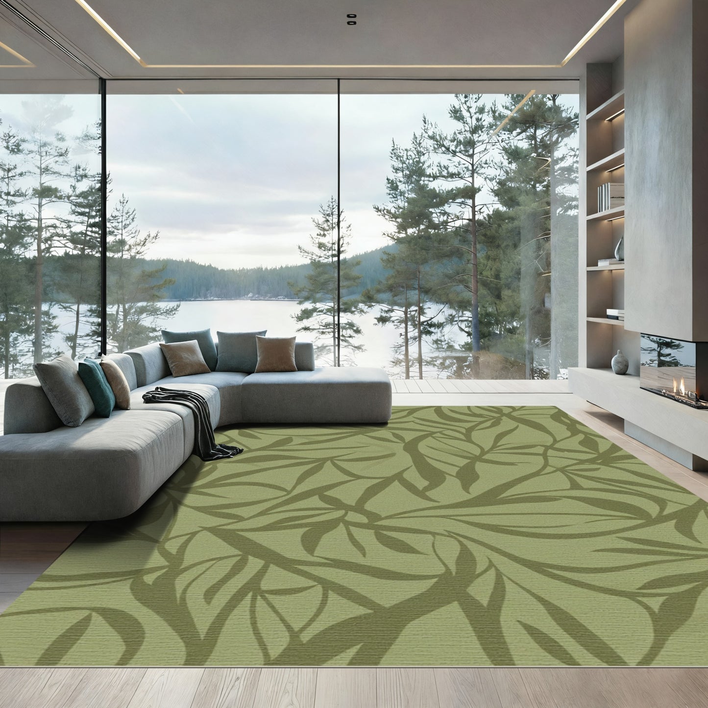 Earthy Olive Leafy Swirl Rug