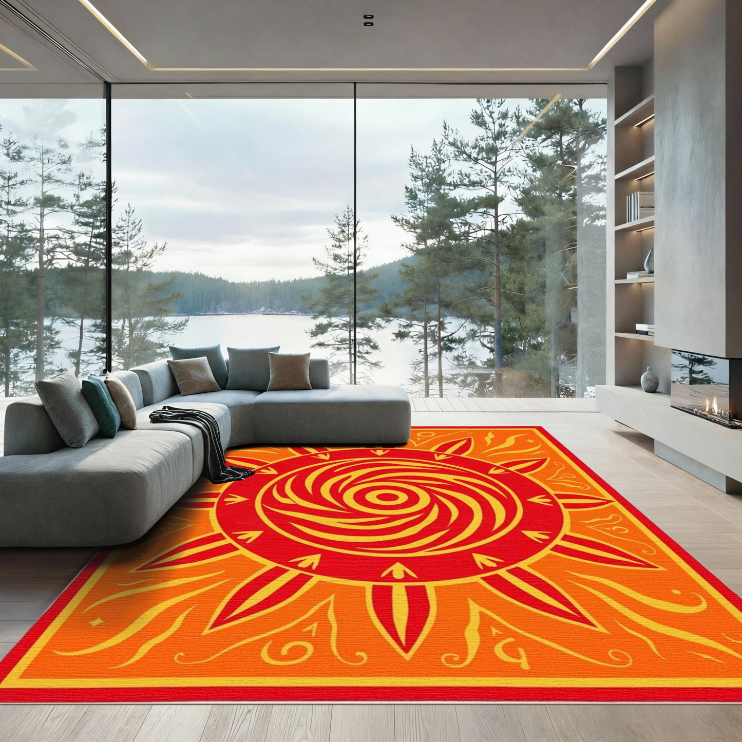 Fiery Sunburst Swirl Orange Red Rug
