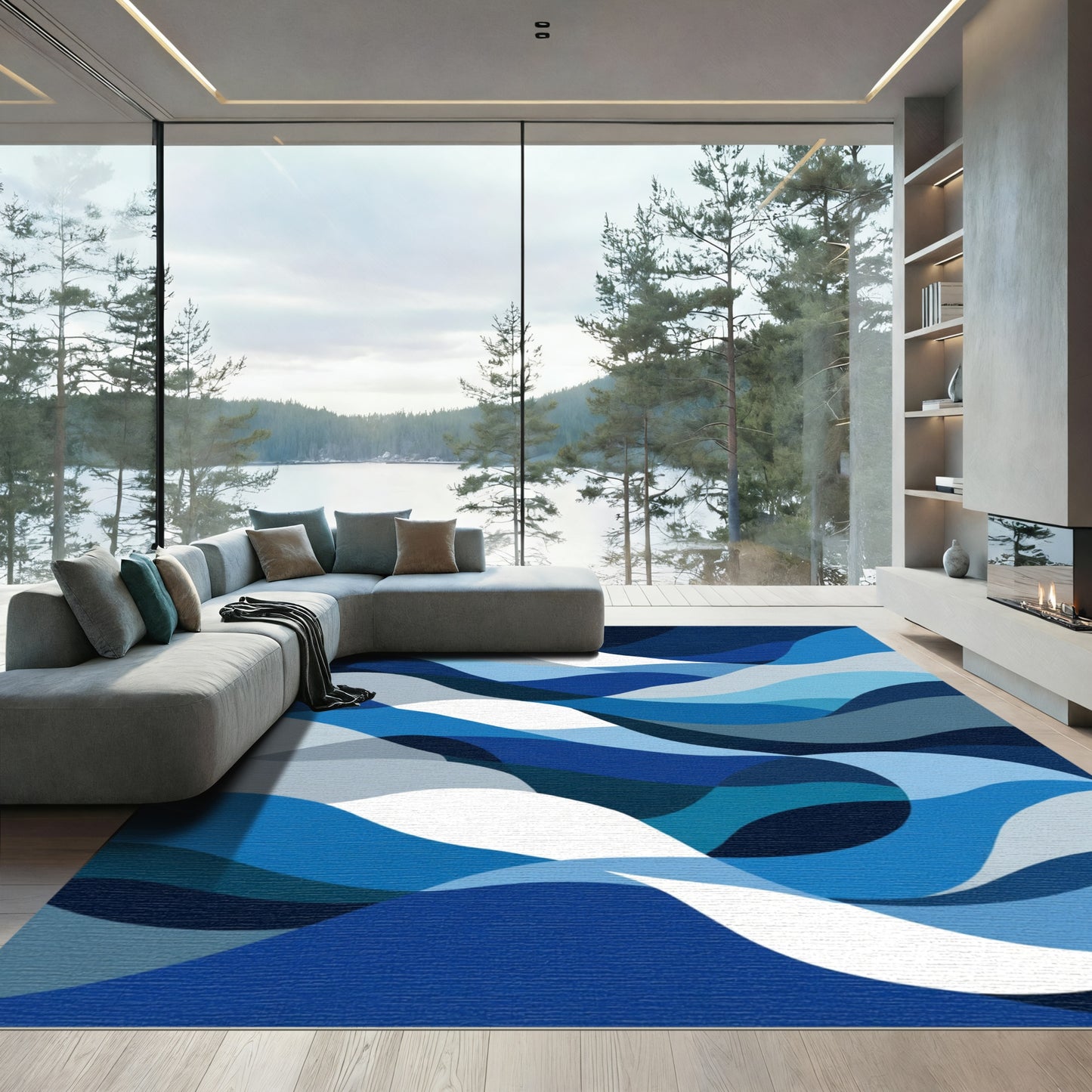Deep Blue Wavy Organic Layers Rug