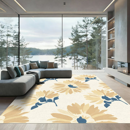 Soft Ochre Daisy Blossom Blue Leaf Rug