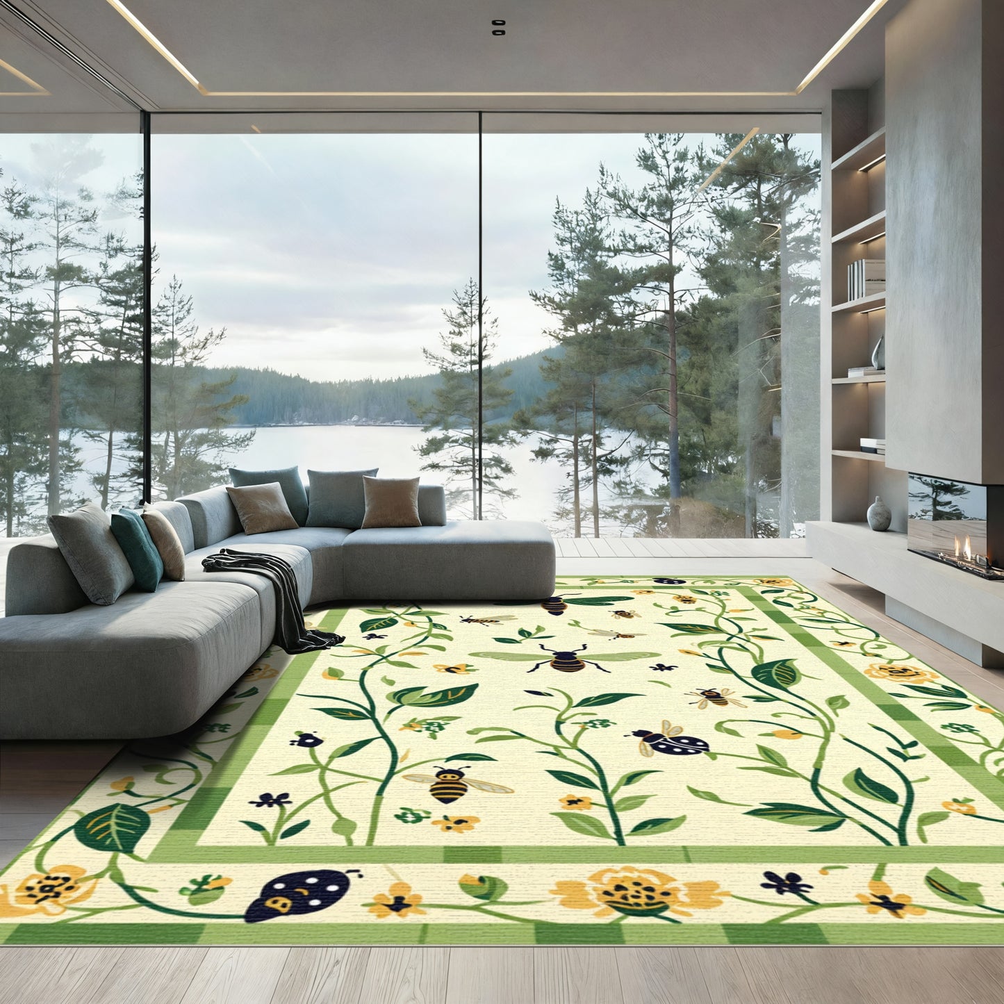 Whimsical Green Bee Ladybug Floral Rug