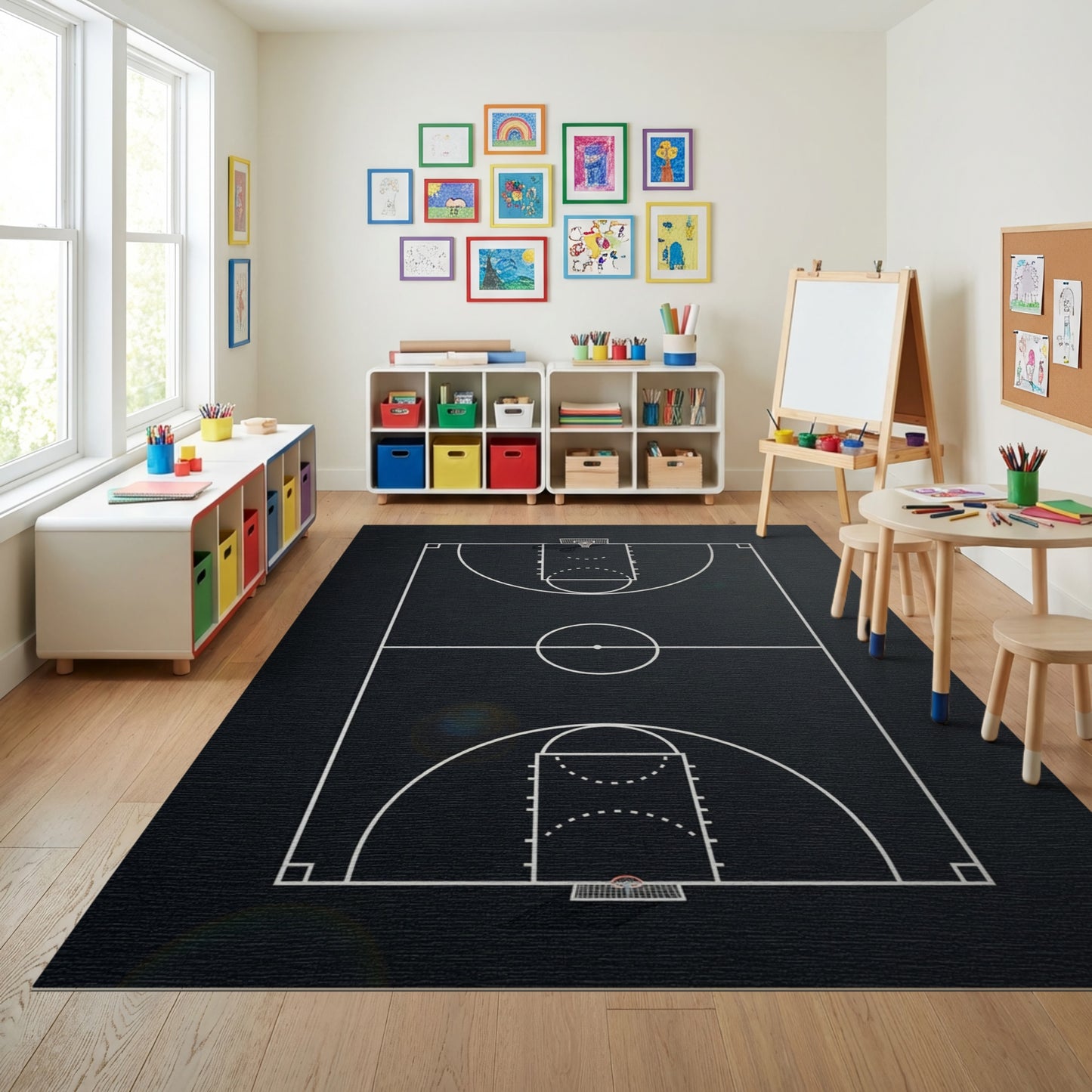 Black and White Basketball Court Lines Rug