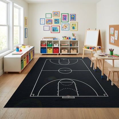 Black and White Basketball Court Lines Rug