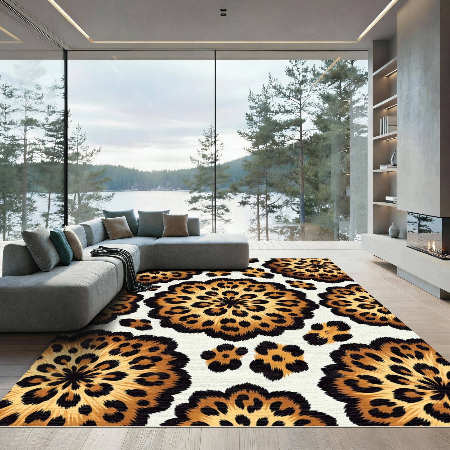 Golden Leopard Floral Medallion Rug