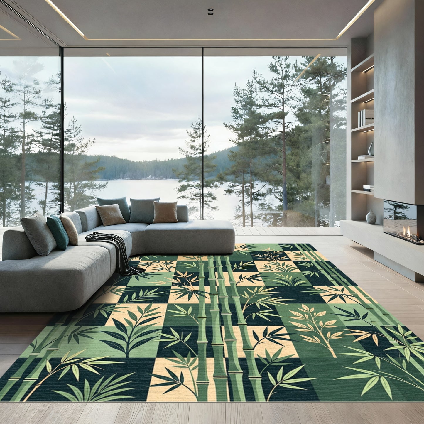 Earthy Green Bamboo Grid Checkered Rug