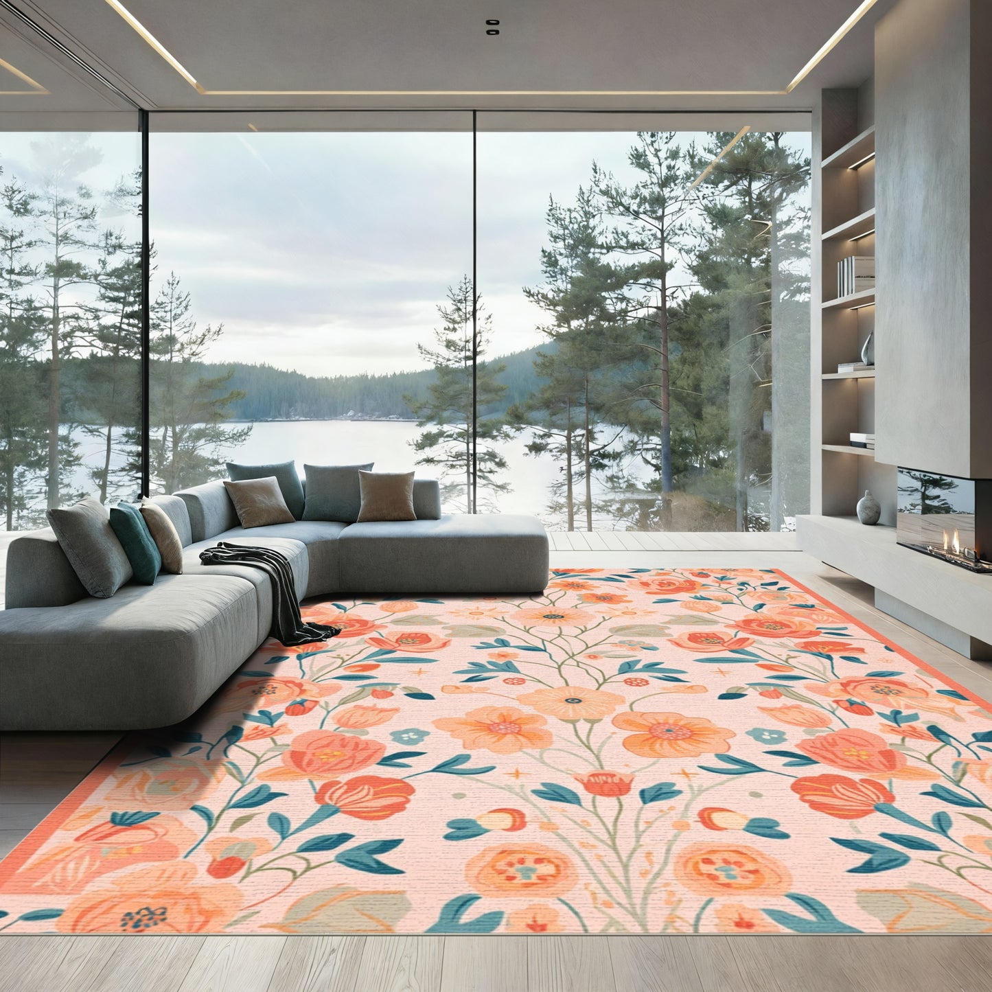 Coral Pink Floral Garden Tapestry Rug