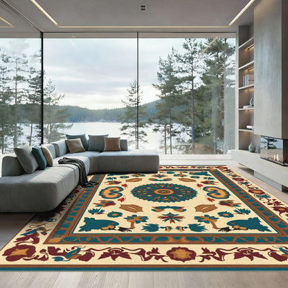 Deep Teal Floral Medallion Cream Rug