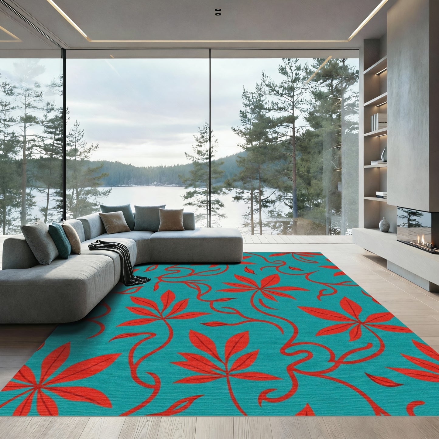 Crimson Leafy Vine Teal Rug