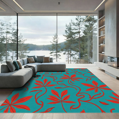 Crimson Leafy Vine Teal Rug
