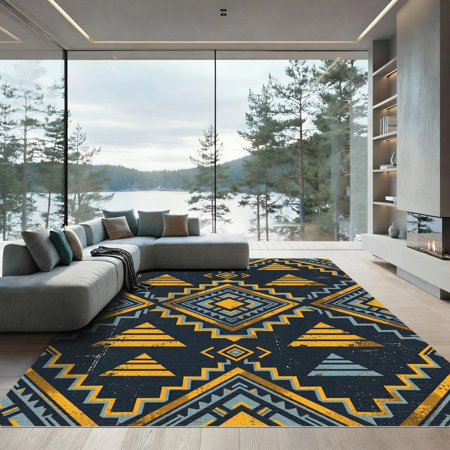Tribal Yellow Blue Geometric Zigzag Rug