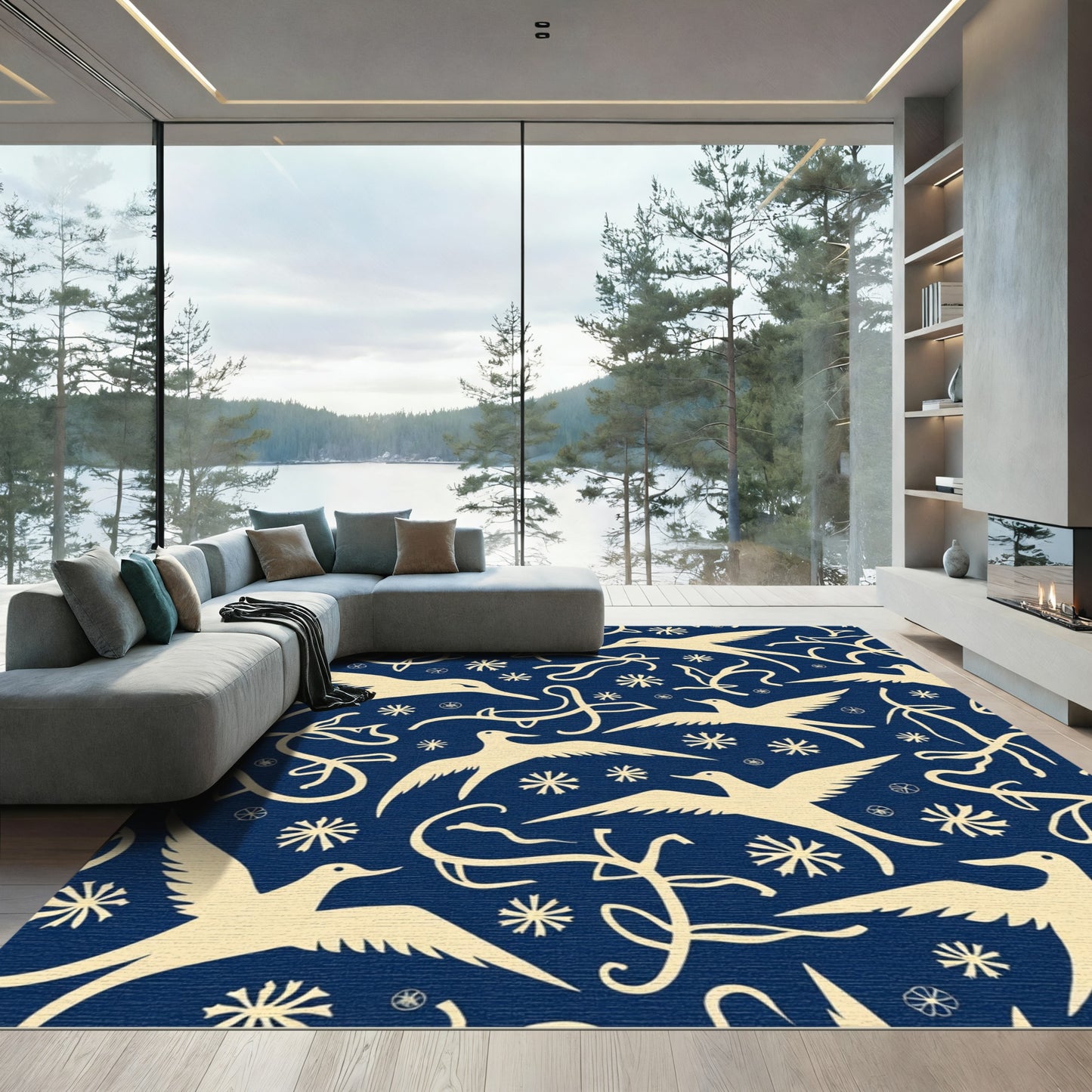 Navy Blue Cream Bird Swirl Composition Rug