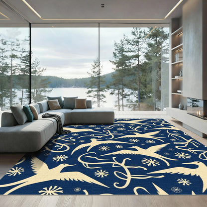 Navy Blue Cream Bird Swirl Composition Rug