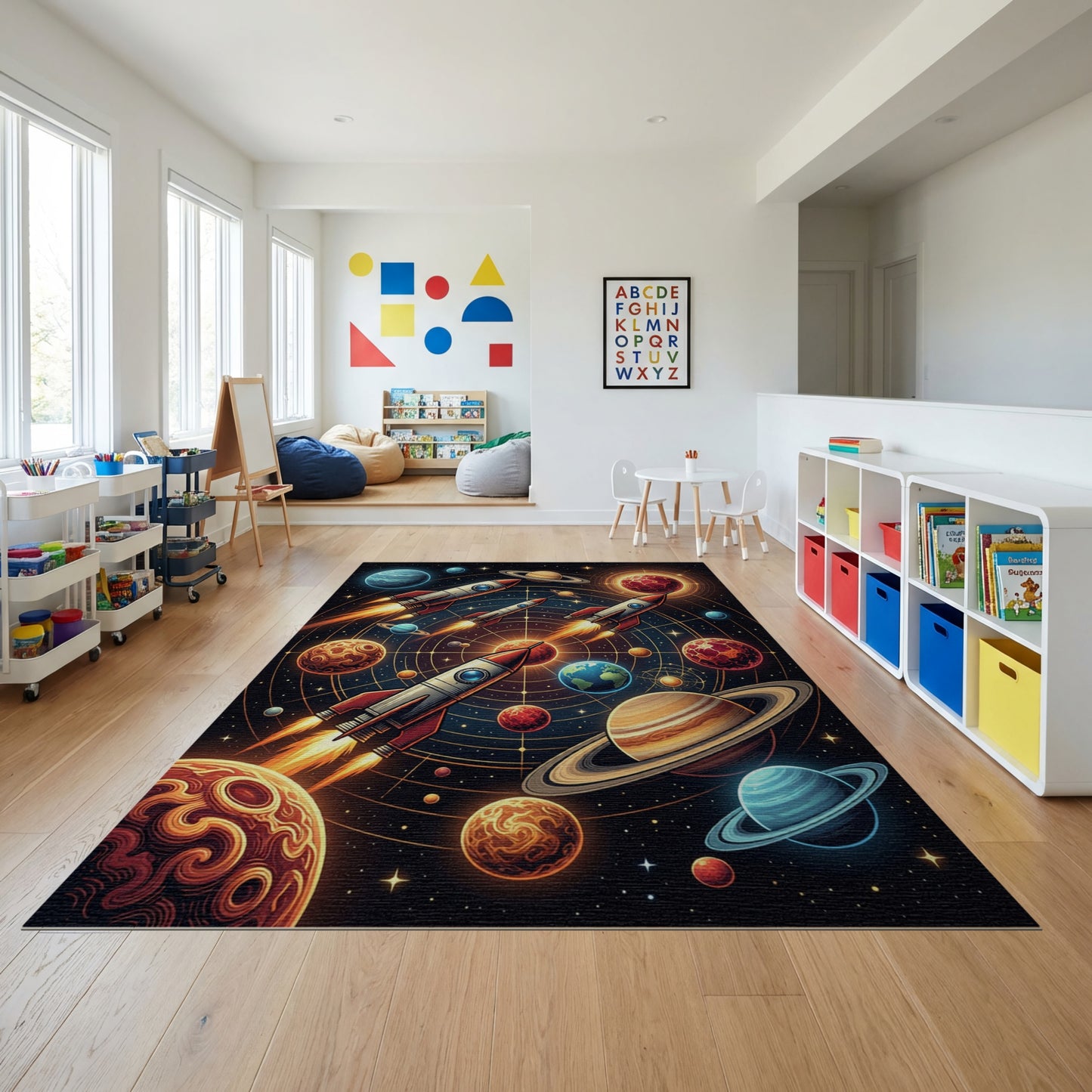 Vibrant Neon Rockets Planets Rug